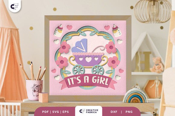 Baby Girl Stroller 3D Shadow Box SVG